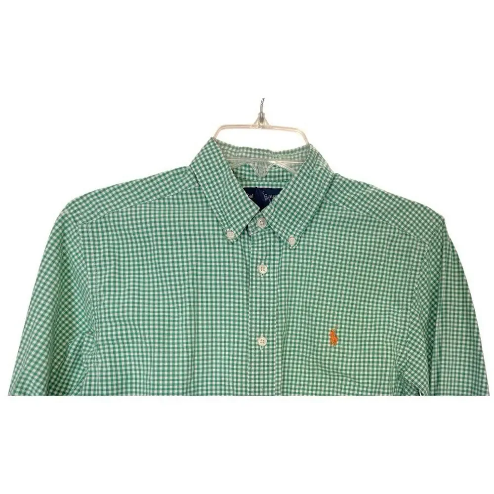 Ralph Lauren Boys Green/White Gingham Check Button Down Shirt Sz. 14-16 Latge